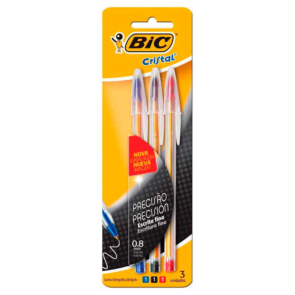 Caneta Bic Cristal Fina Azul, Vermelha e Preta Com 3 Unidades