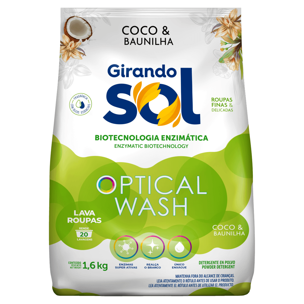 Lava Roupas Pó Coco & Baunilha Girando Sol Optical Wash 1,6kg